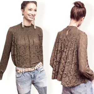 Anthropologie Deletta Olive Green Lace Top Sz S